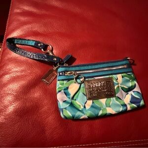 Coach Poppy Blue and Green Patterned Satin Wristlet